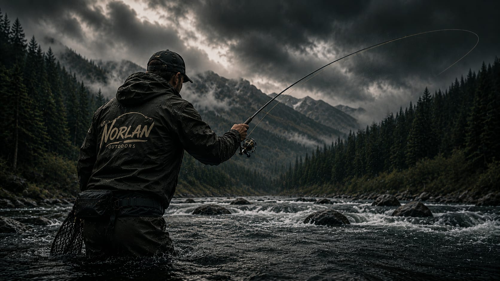 Norlan angler casting a fly rod on a mountain river